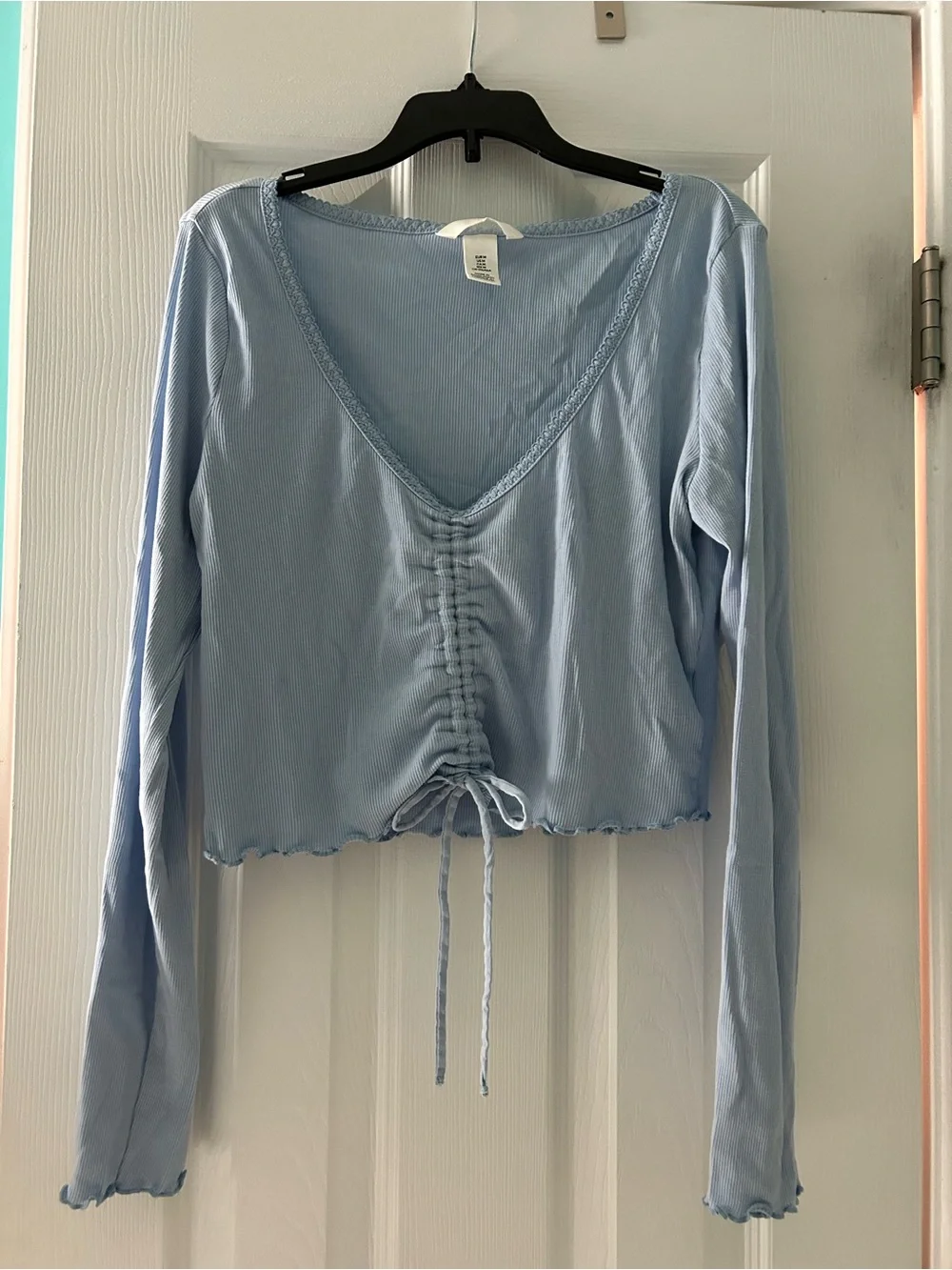 H&M Light Blue Long Sleeve Ruched Drawstring Crop Top